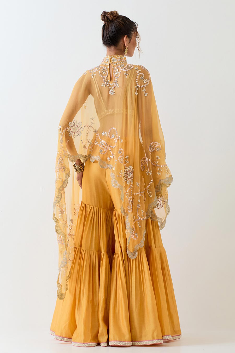 Yellow Embellished Cape & Pleated Sharara Set