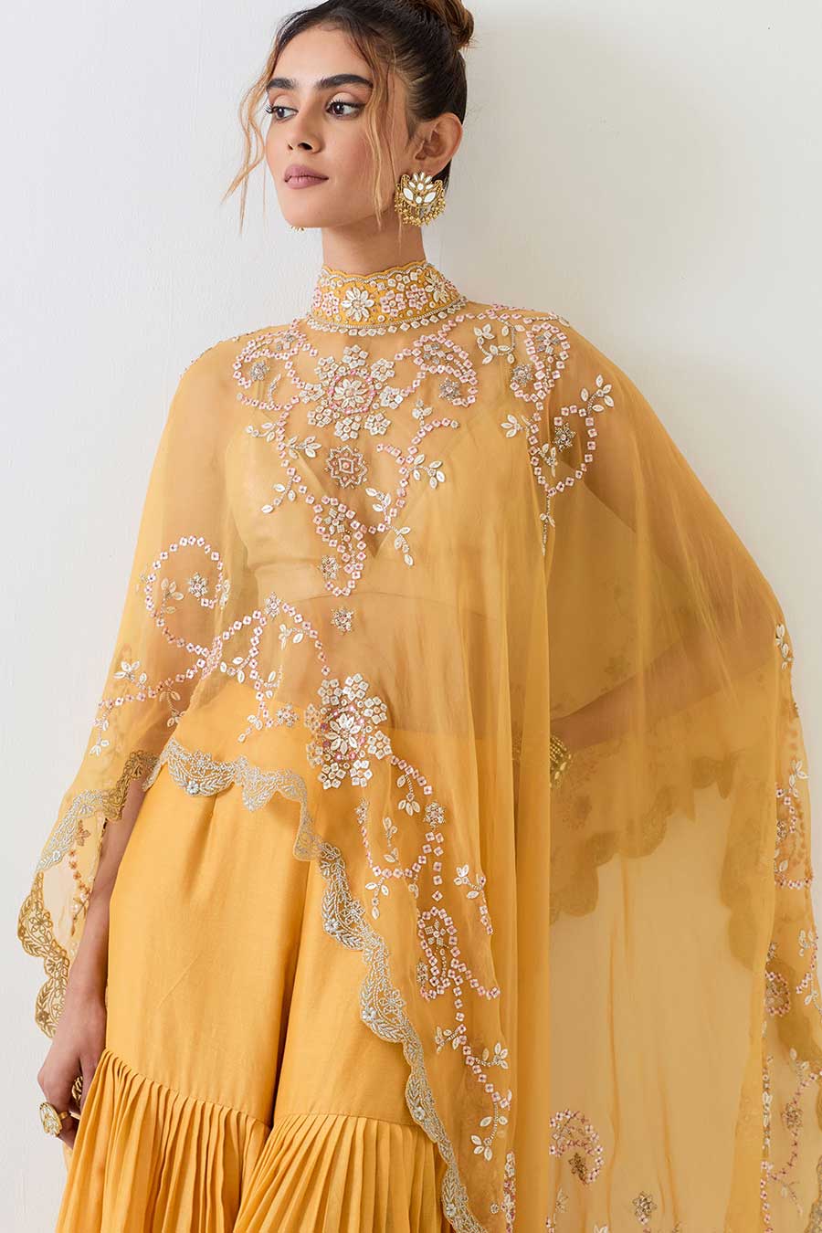 Yellow Embellished Cape & Pleated Sharara Set