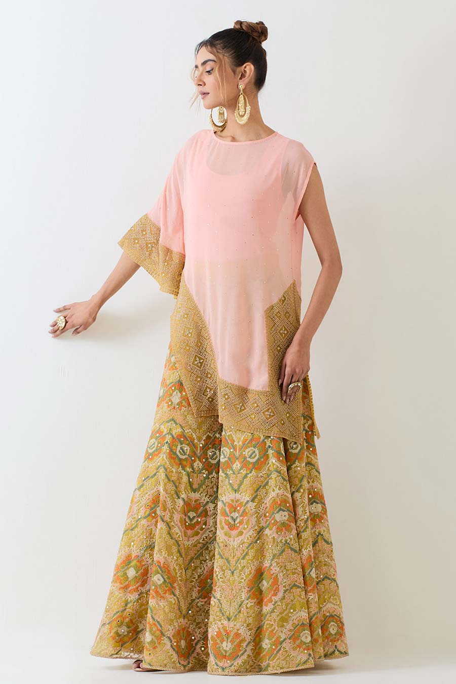 Pink Asymmetric Top & Cross Stitch Sharara Set