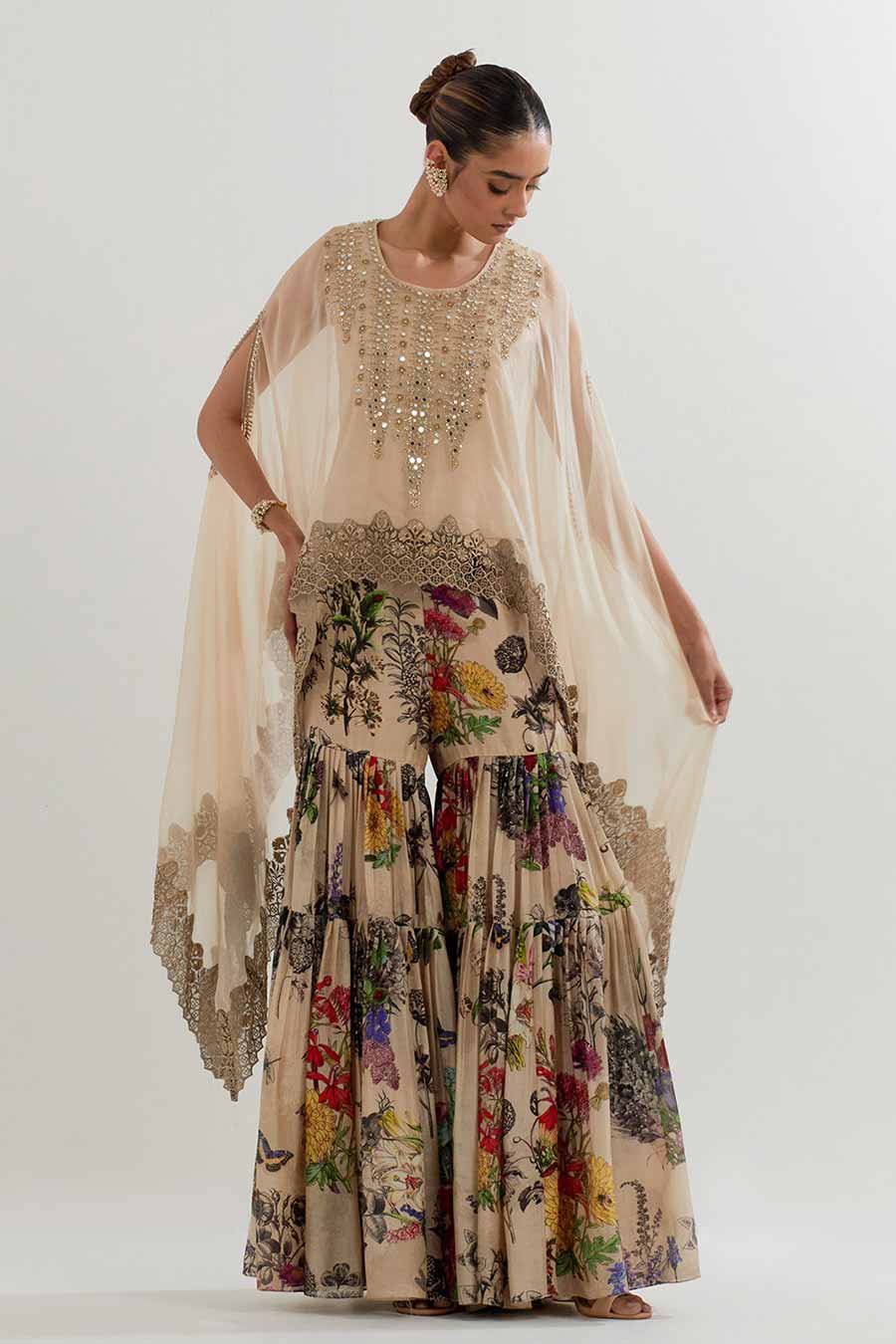 Embroidered Organza Cape & Printed Sharara Set