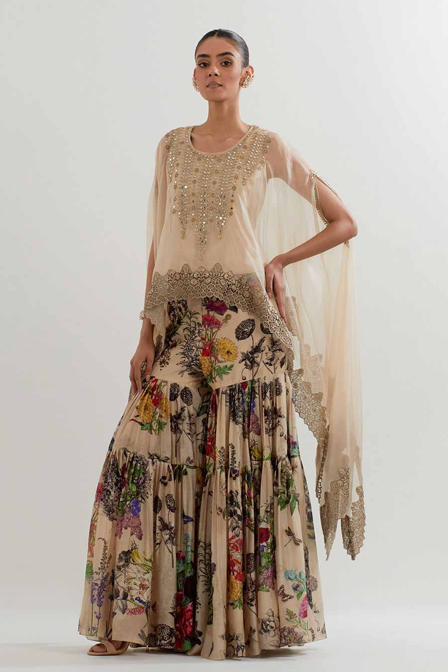 Embroidered Organza Cape & Printed Sharara Set