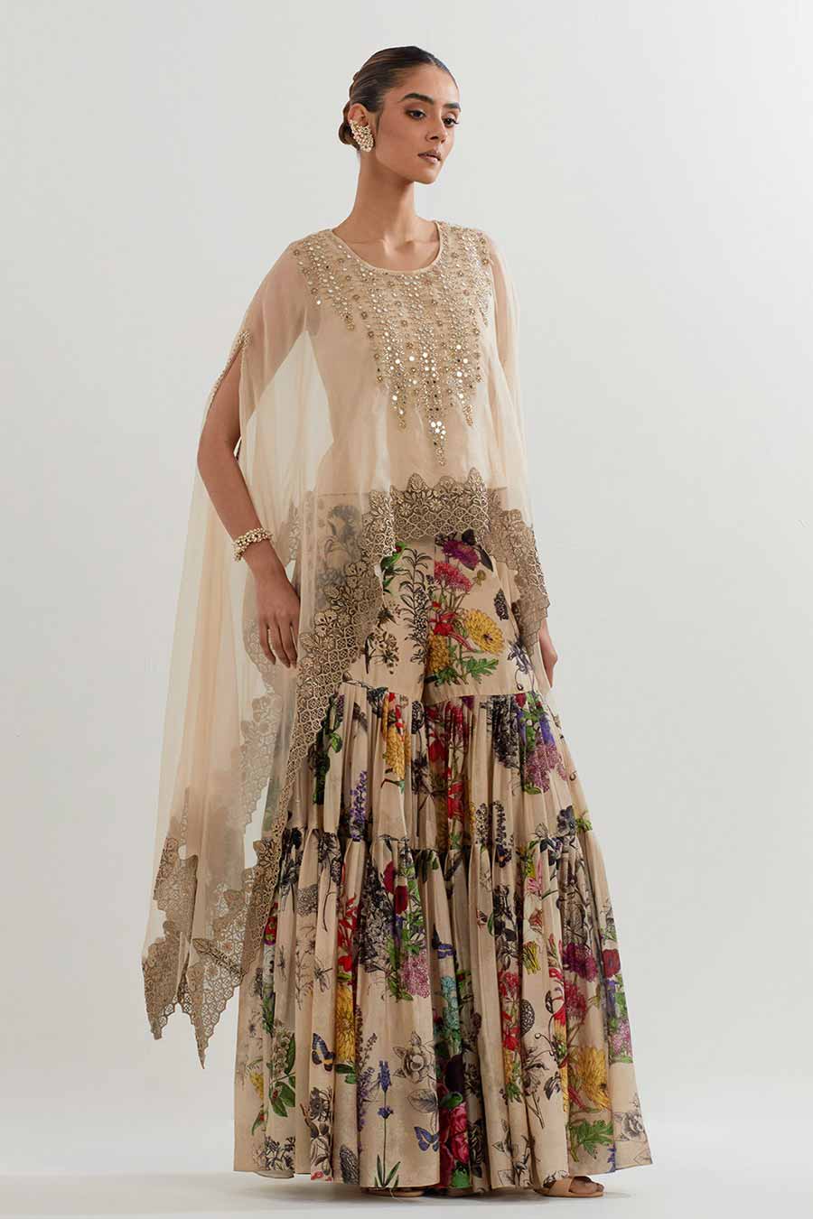Embroidered Organza Cape & Printed Sharara Set