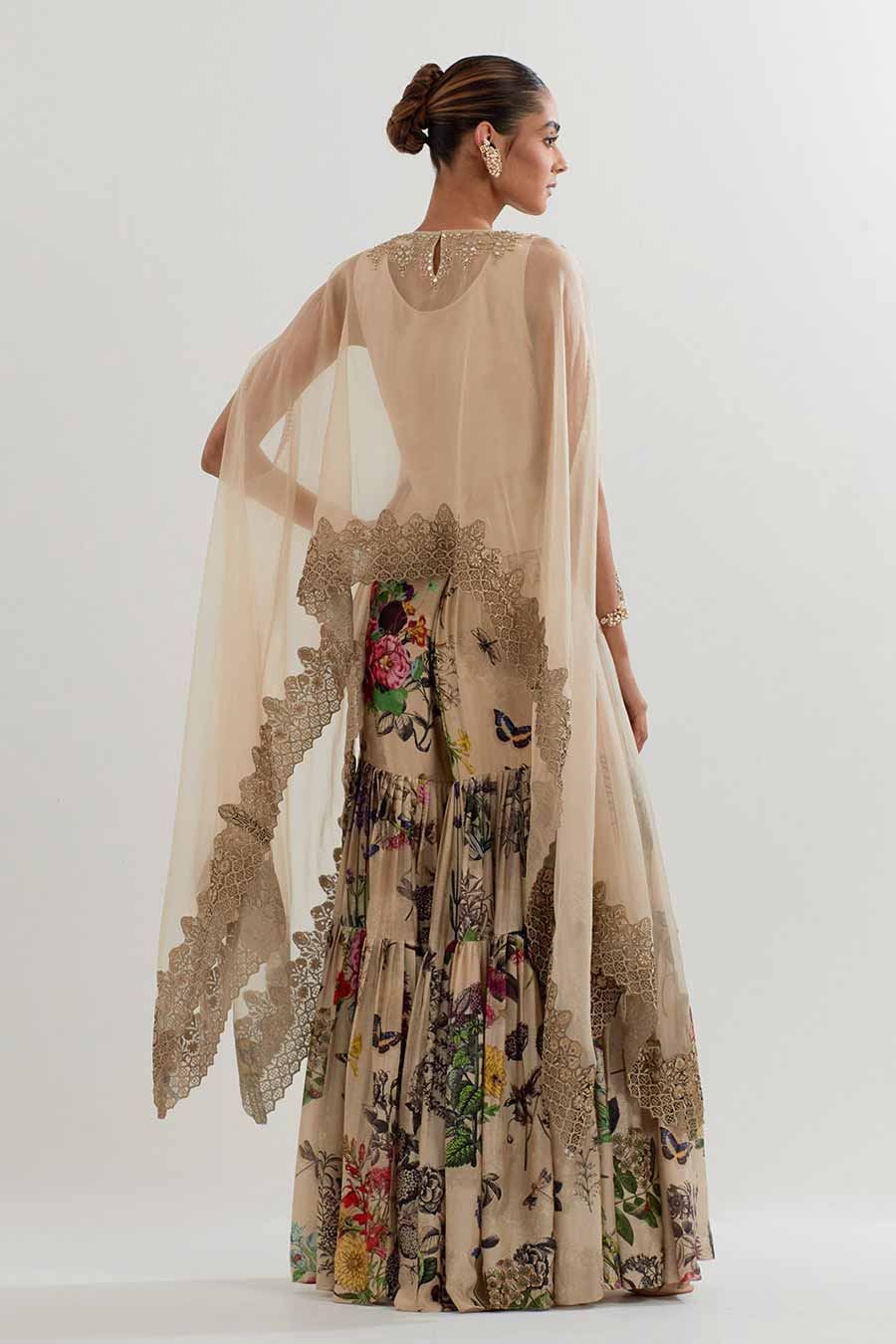 Embroidered Organza Cape & Printed Sharara Set
