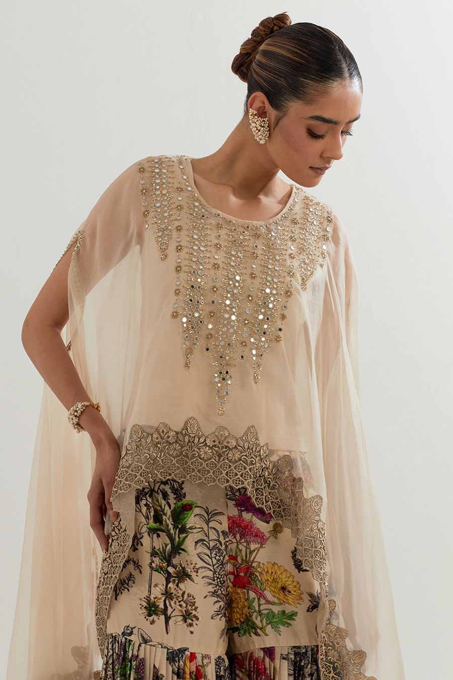 Embroidered Organza Cape & Printed Sharara Set