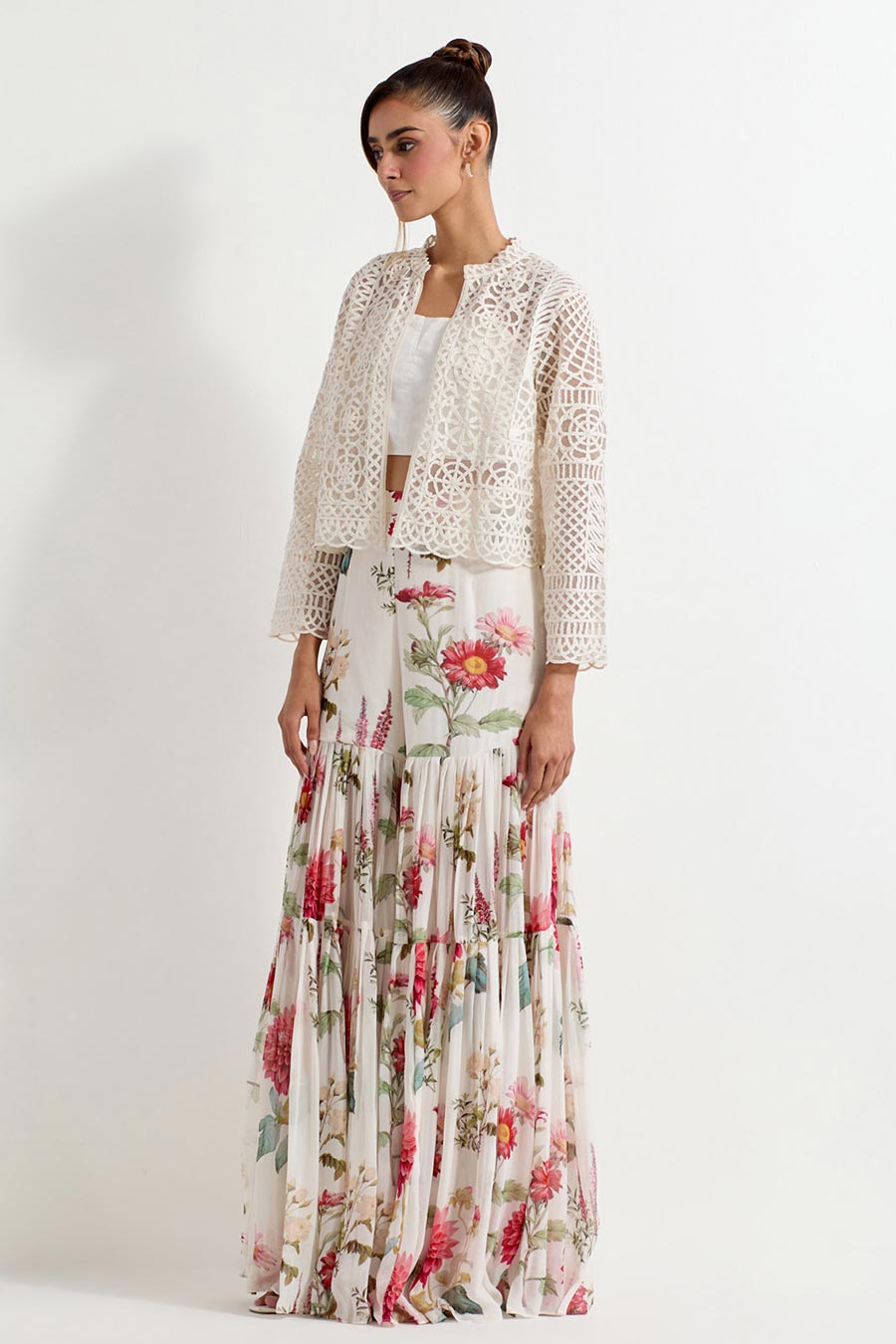 Daisy Printed Sharara Co-Ord Set With Lattice Jacket