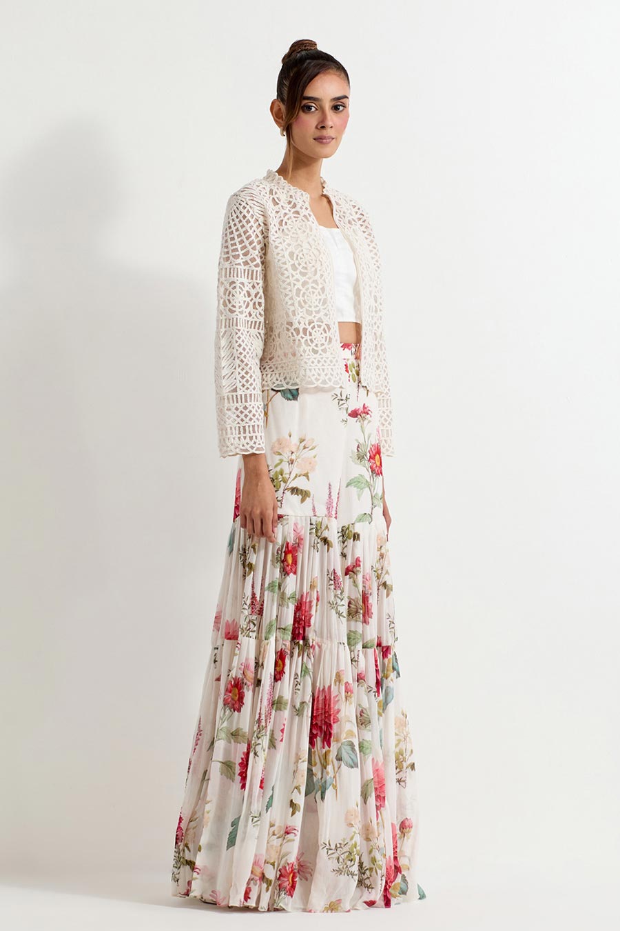 Daisy Printed Sharara Co-Ord Set With Lattice Jacket