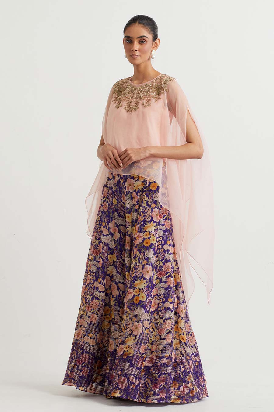 Peach Embroidered Cape & Purple Printed Skirt Set