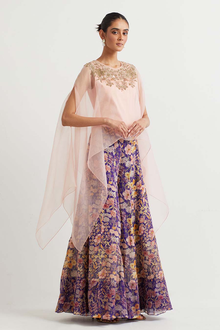 Peach Embroidered Cape & Purple Printed Skirt Set