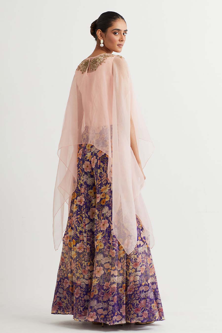 Peach Embroidered Cape & Purple Printed Skirt Set