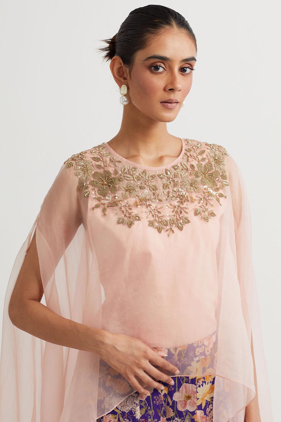 Peach Embroidered Cape & Purple Printed Skirt Set