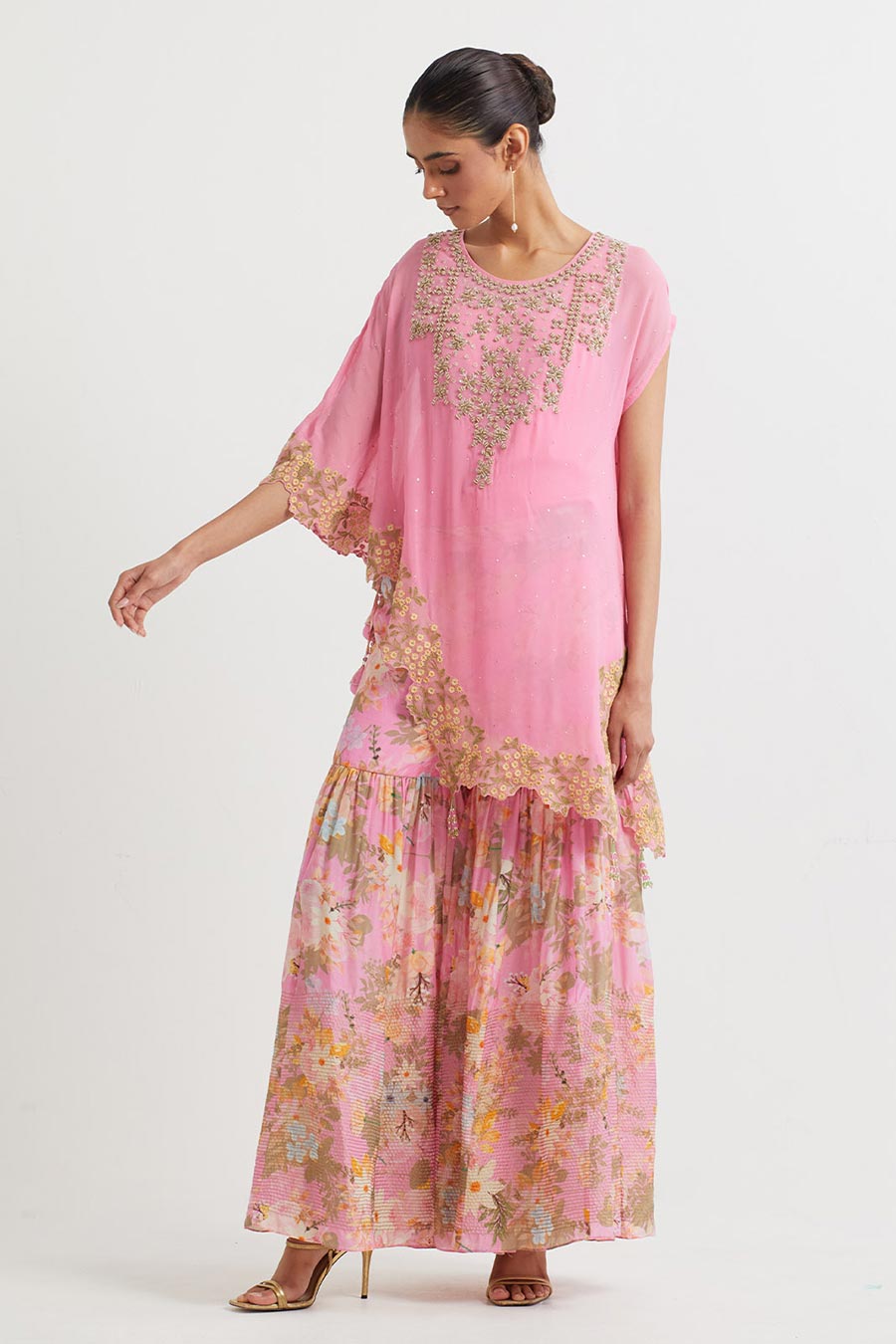 Pink Embroidered Top & Printed Sharara Set