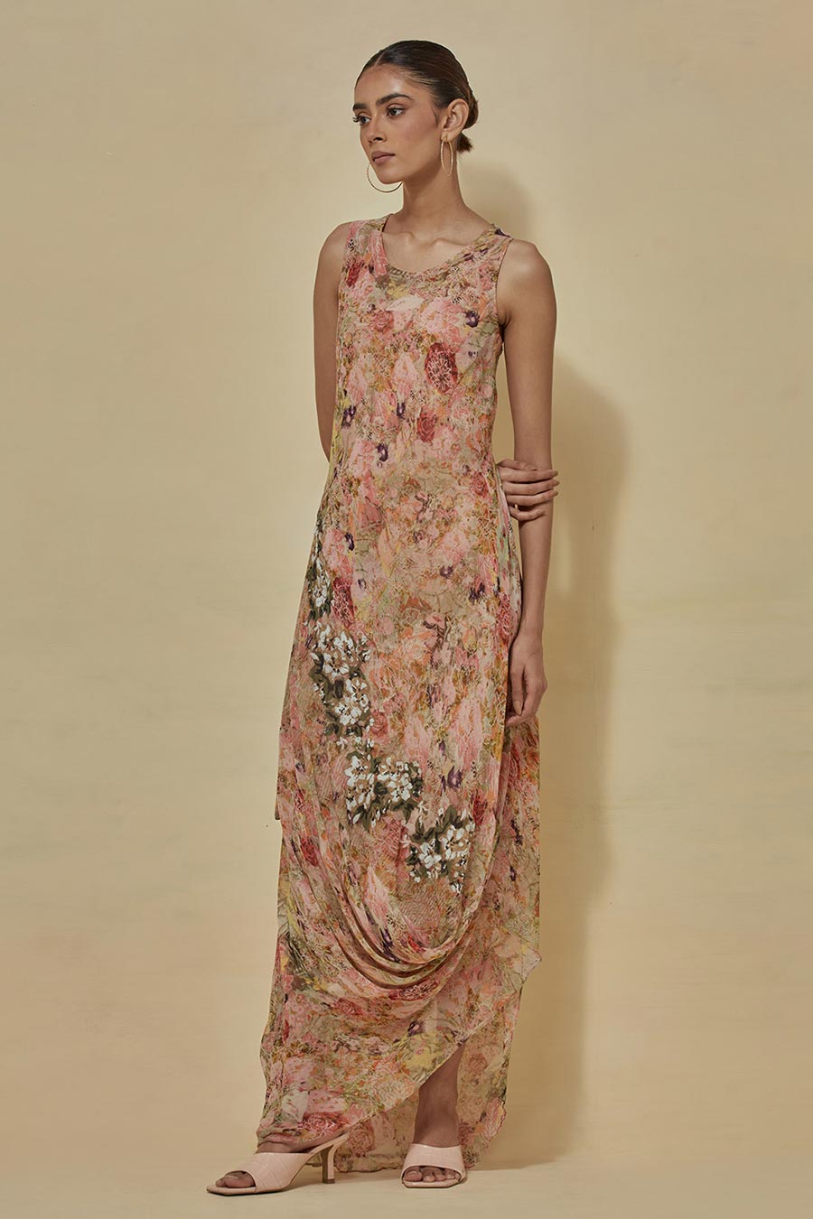 Multicolour Printed Chiffon Drape Dress