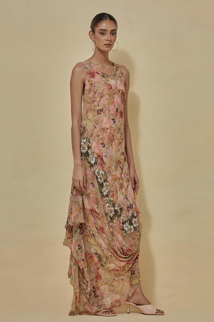 Multicolour Printed Chiffon Drape Dress