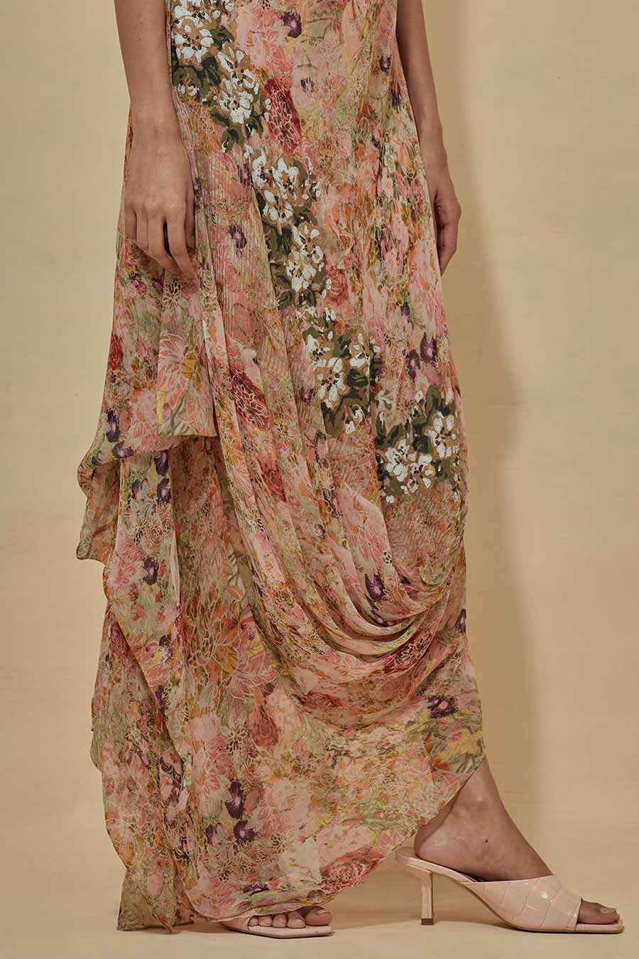 Multicolour Printed Chiffon Drape Dress