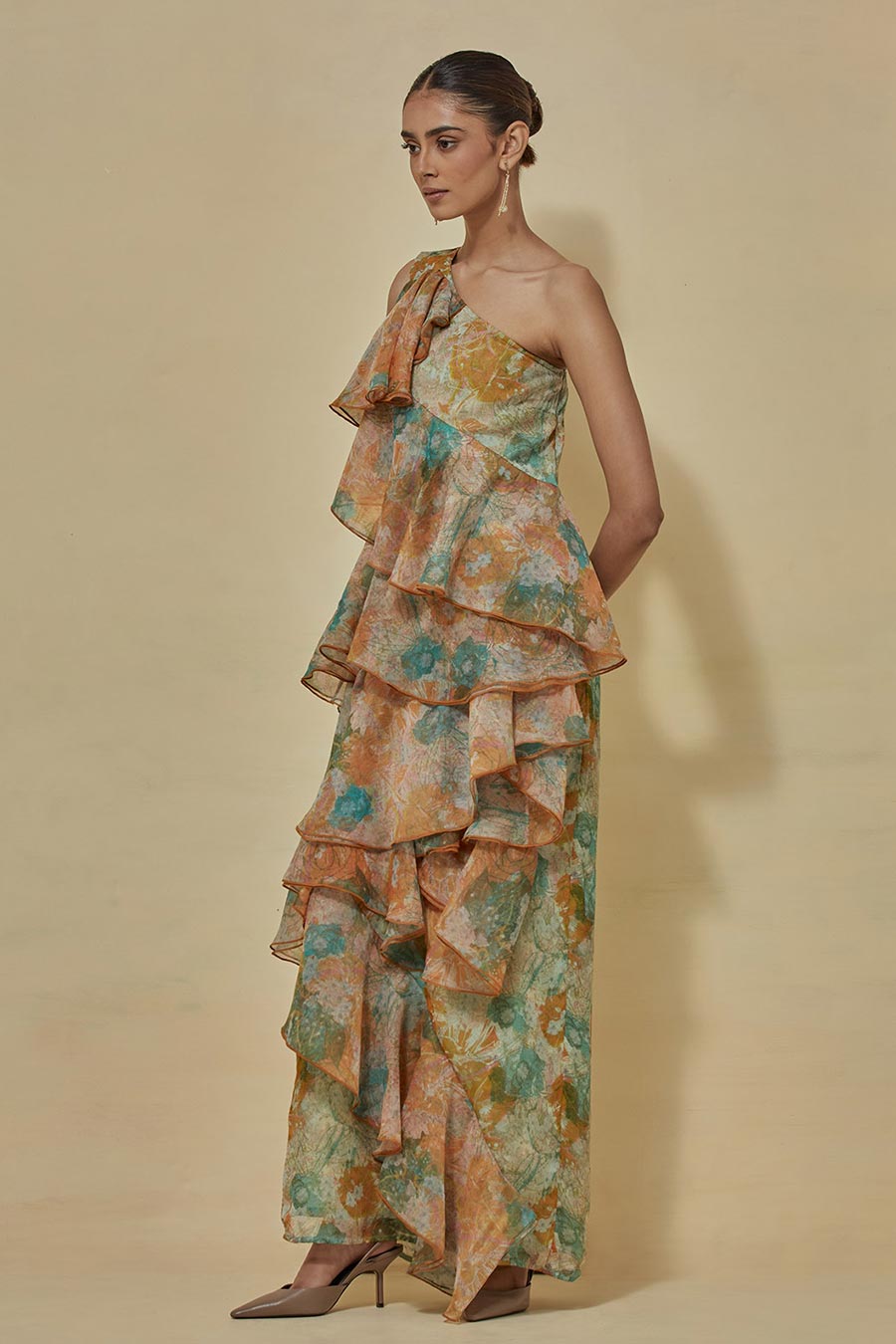 One-Shoulder Printed Tiered Dress