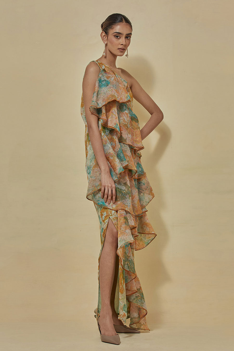 One-Shoulder Printed Tiered Dress
