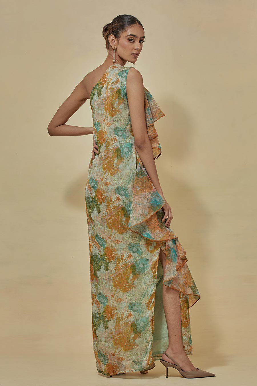 One-Shoulder Printed Tiered Dress