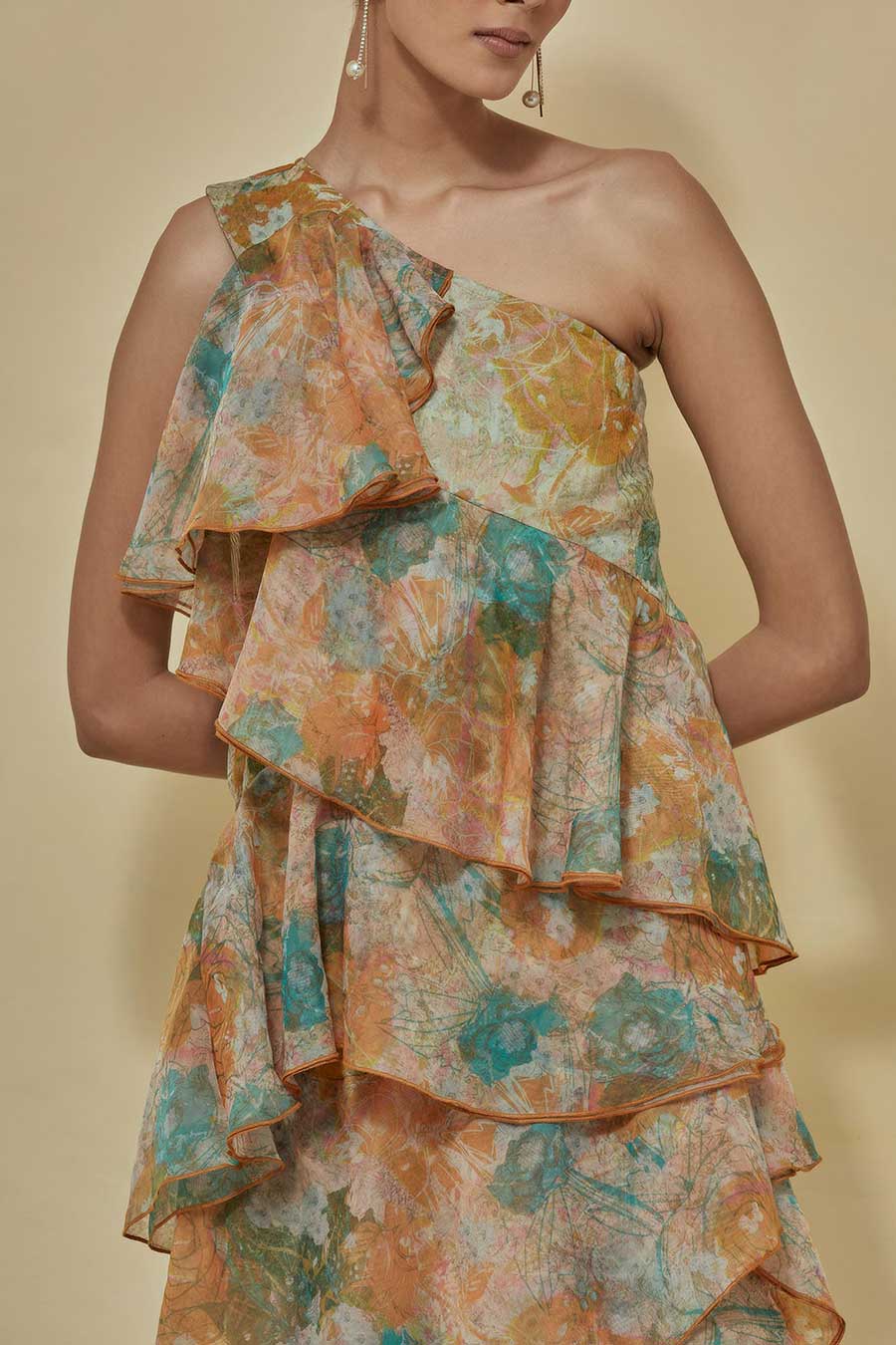 One-Shoulder Printed Tiered Dress