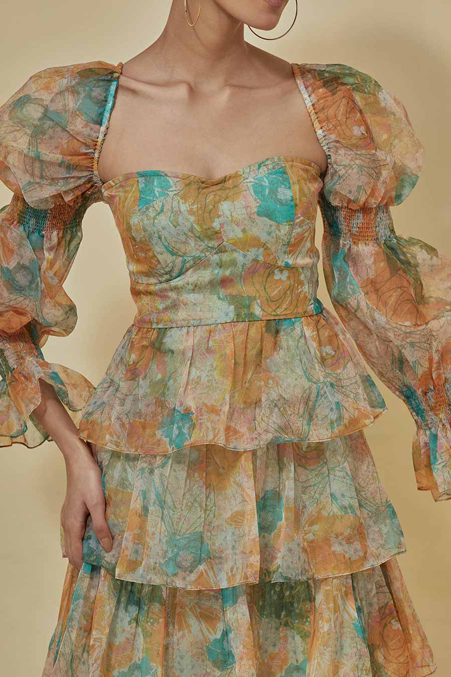 Multicolour Printed Organza Short Dress
