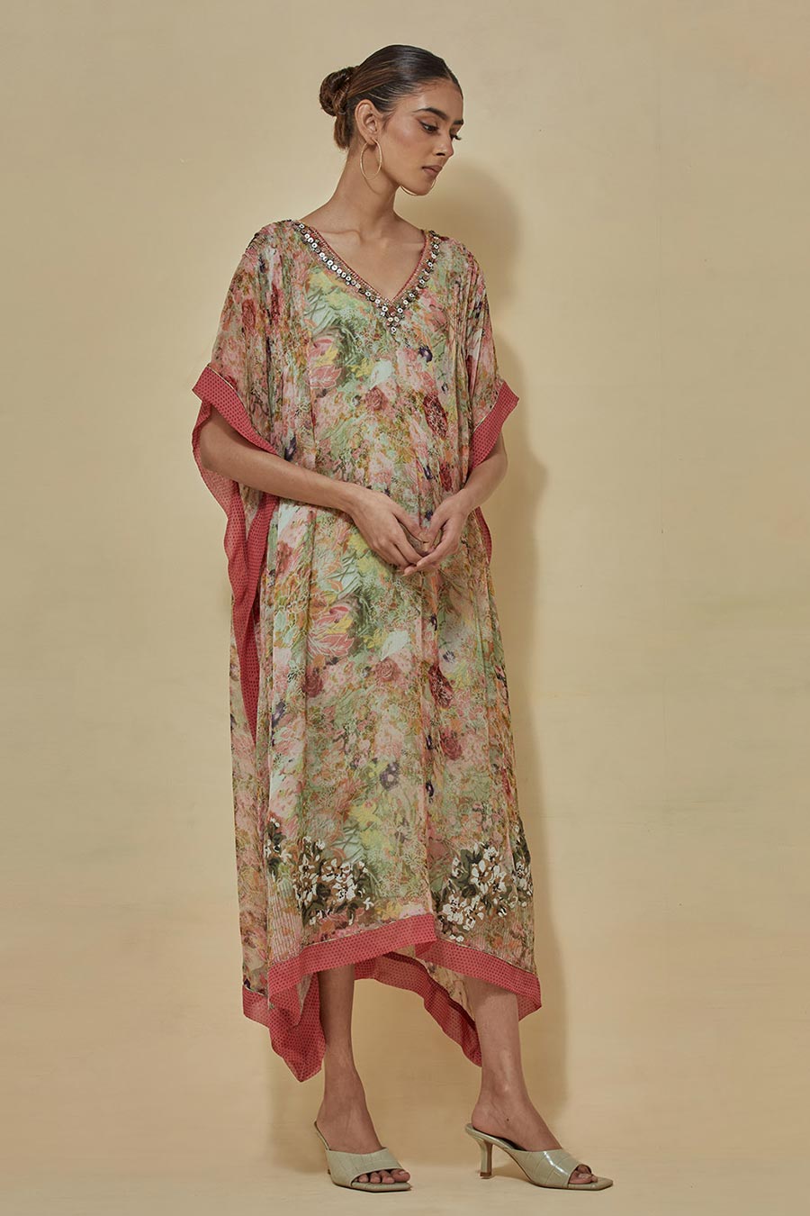 Multicolour Printed Chiffon Kaftan Dress