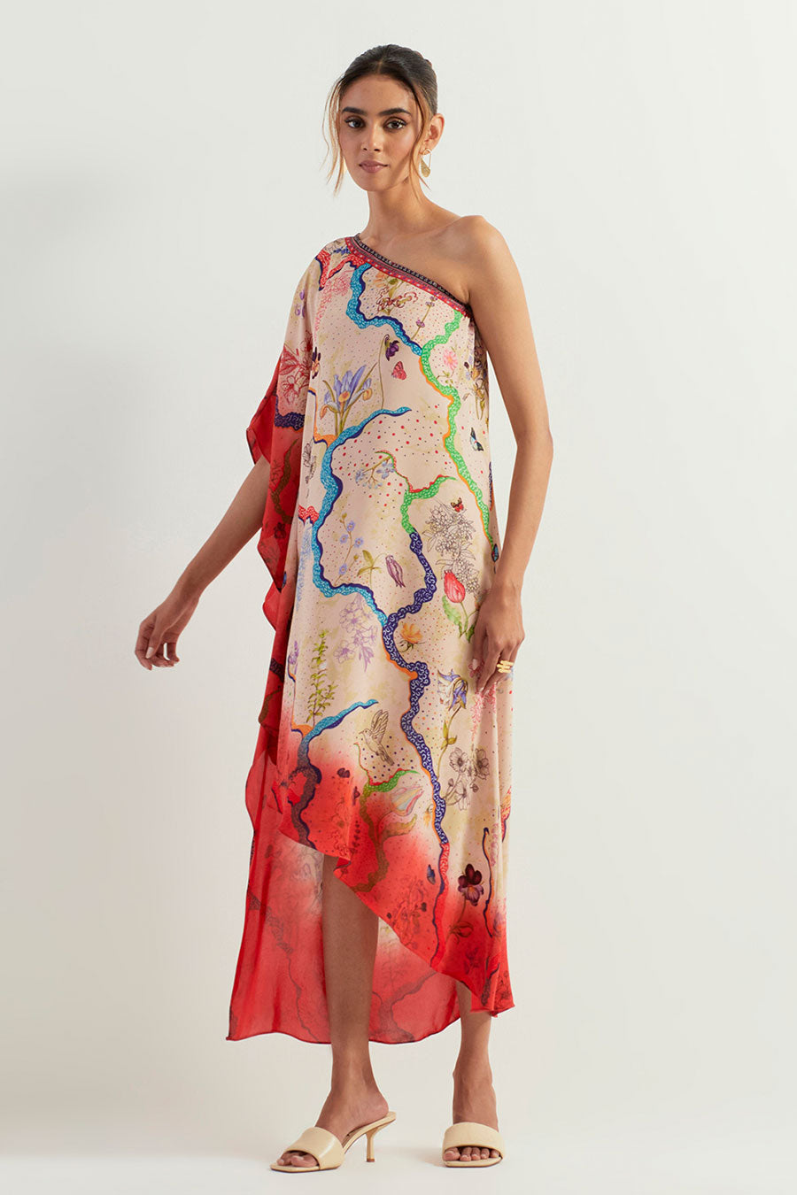 Red Printed One-Shoulder Tie Dye Kaftan Dress