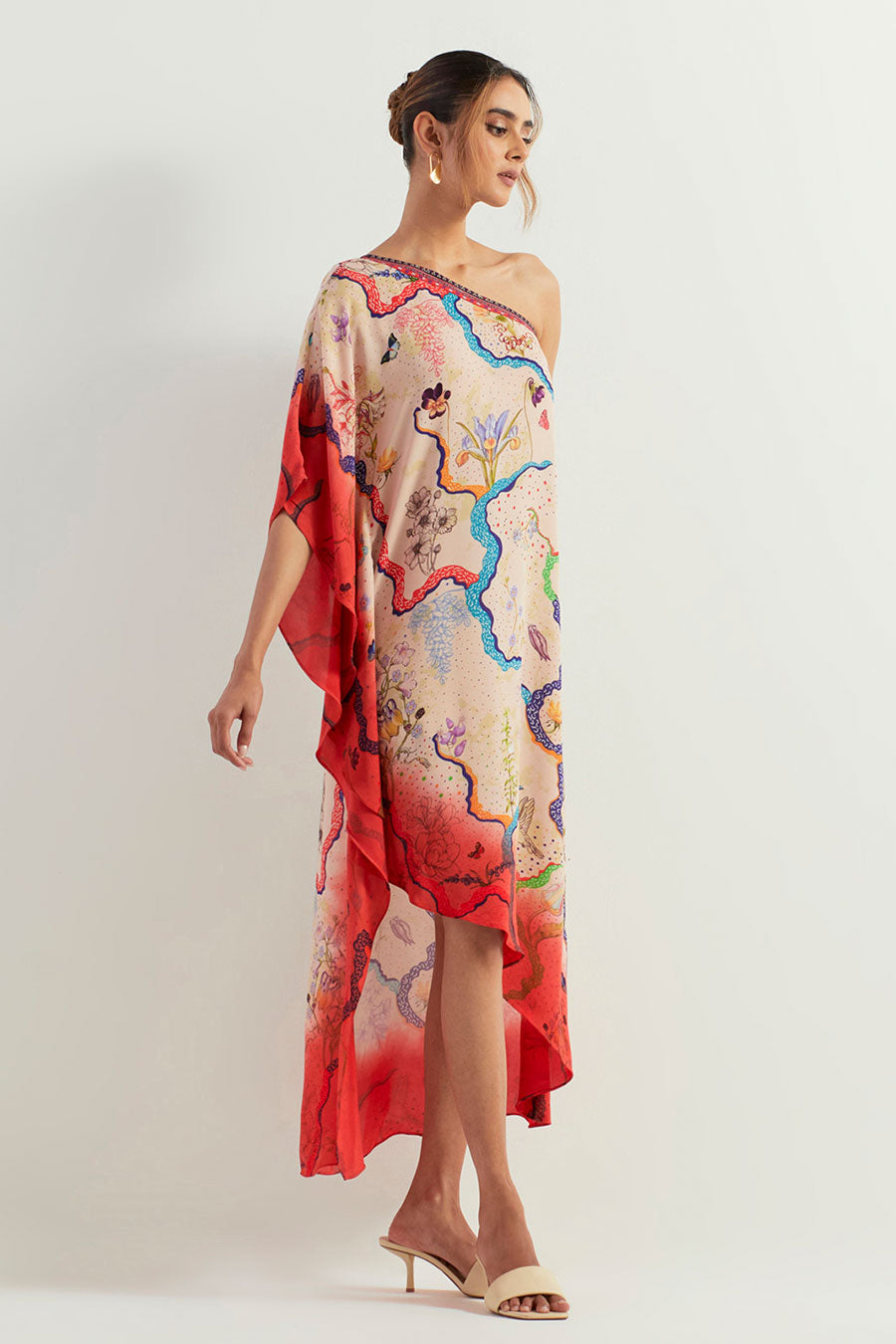 Red Printed One-Shoulder Tie Dye Kaftan Dress