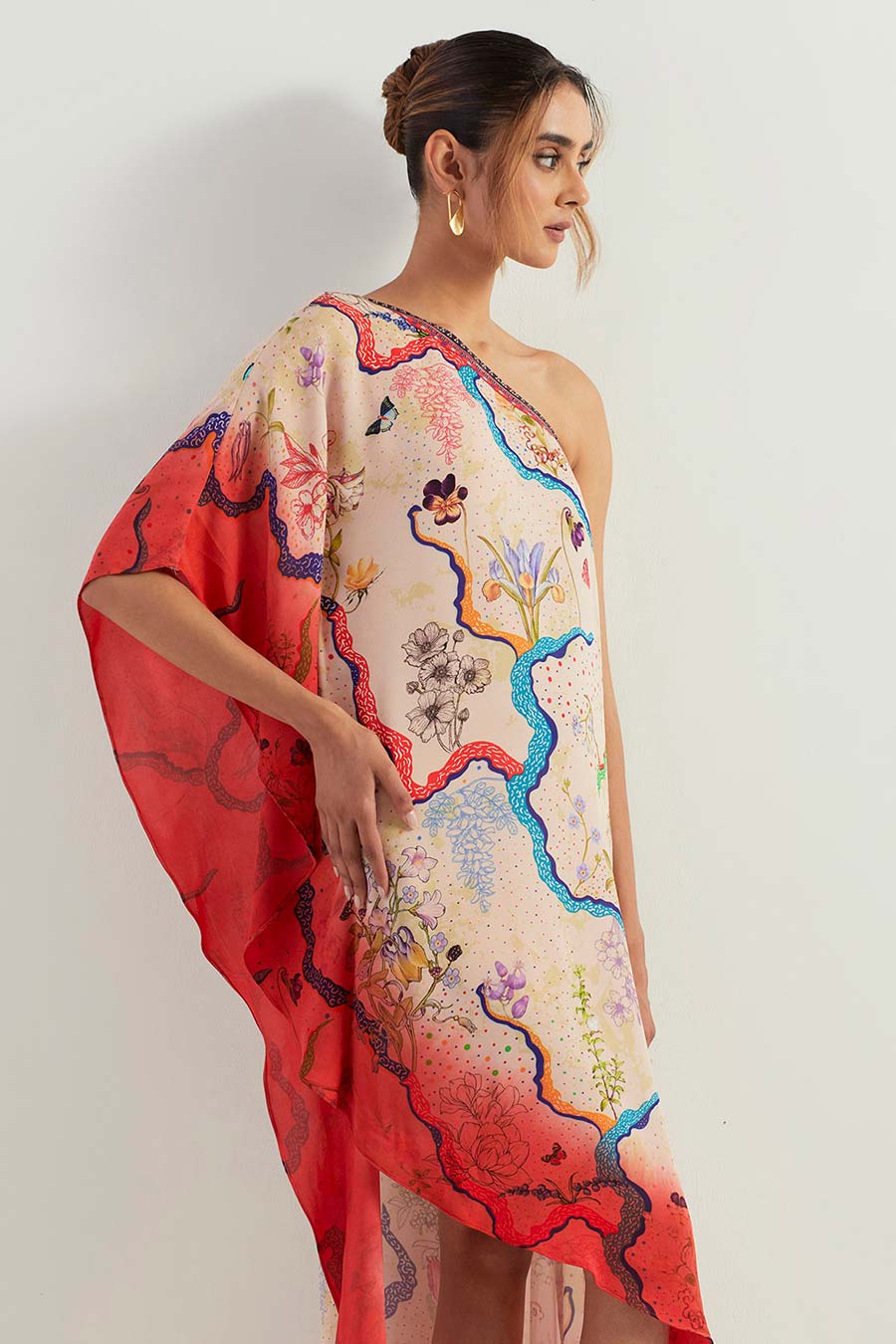 Red Printed One-Shoulder Tie Dye Kaftan Dress