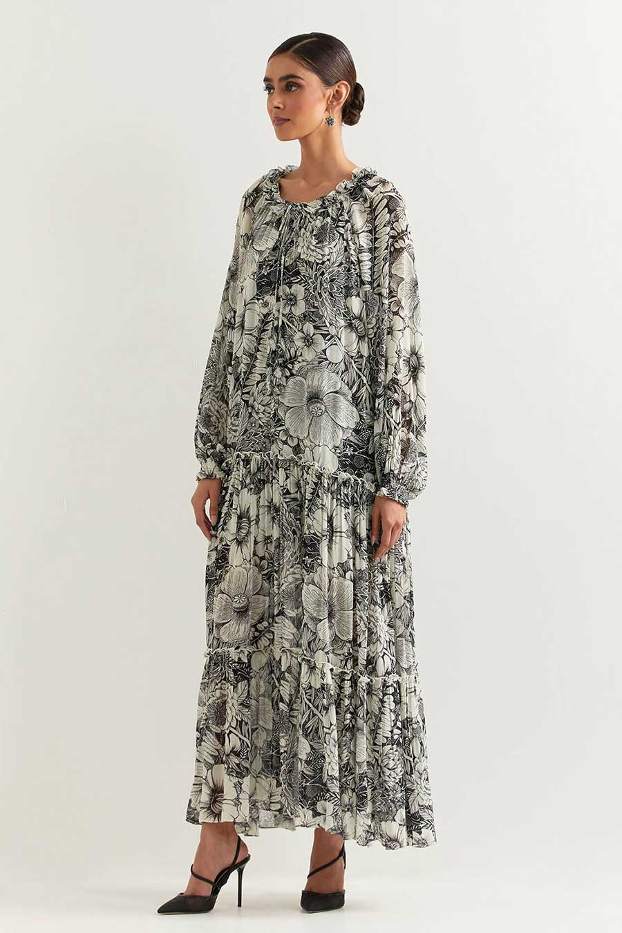 Black & White Printed Maxi Dress With Inner