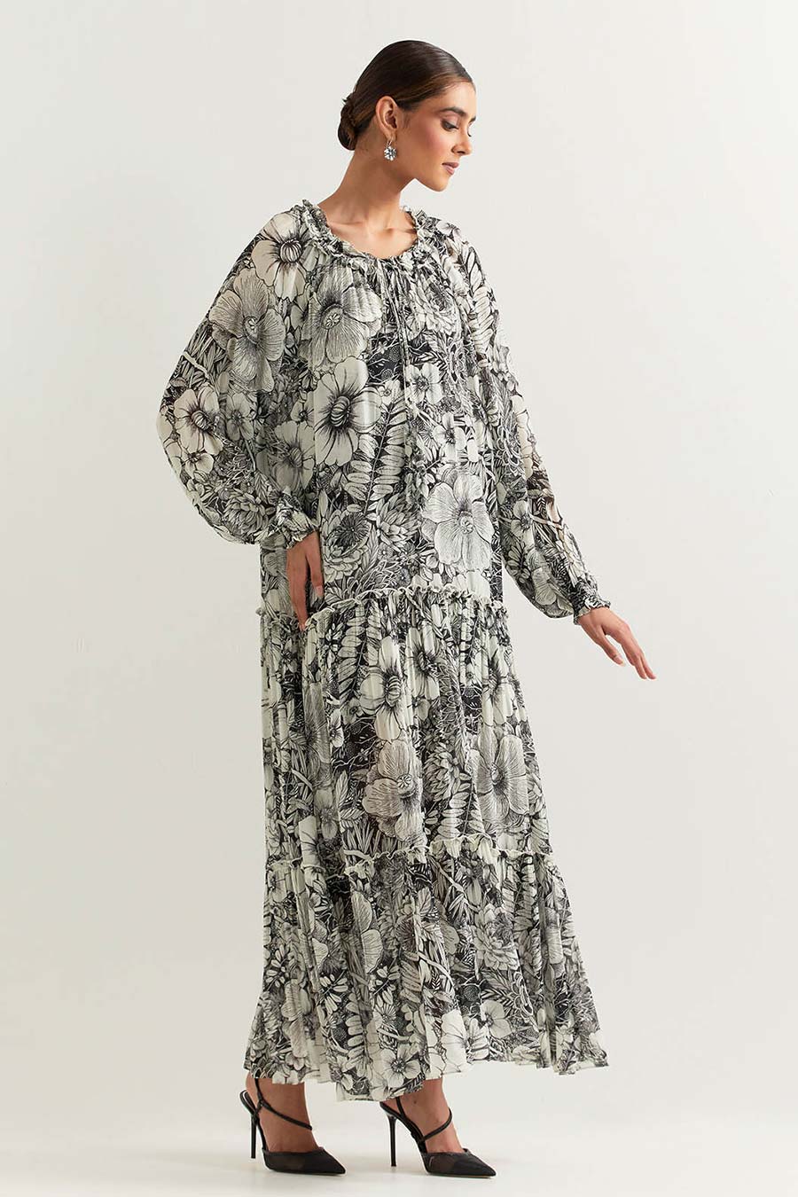 Black & White Printed Maxi Dress With Inner