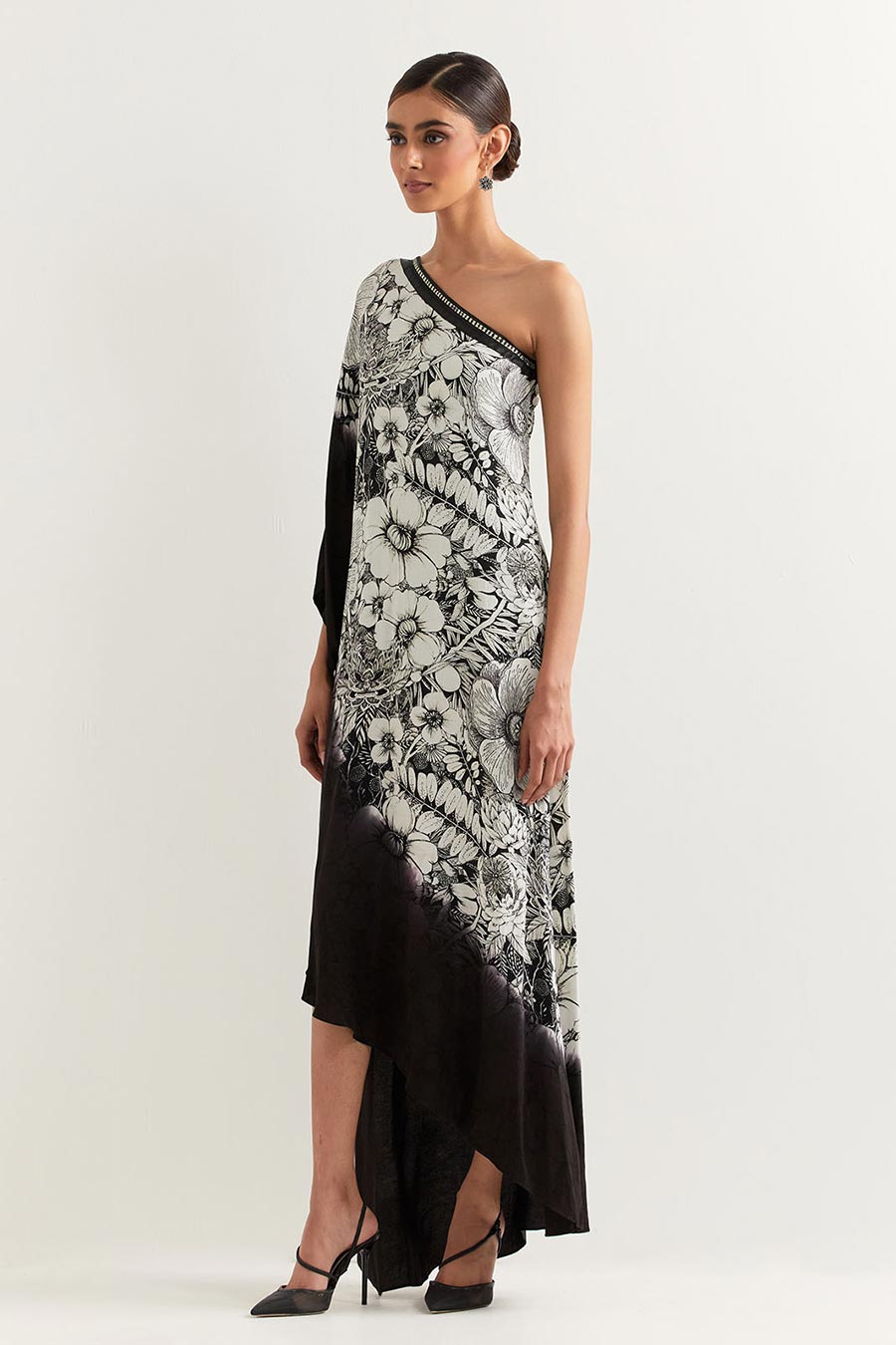 Black & White Printed One-Shoulder Dress