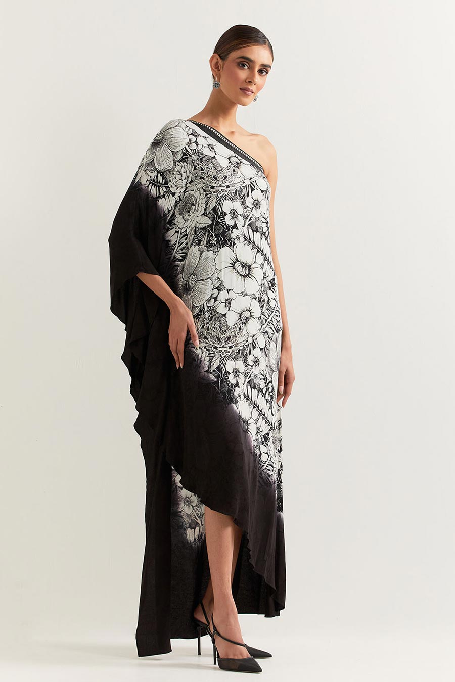 Black & White Printed One-Shoulder Dress