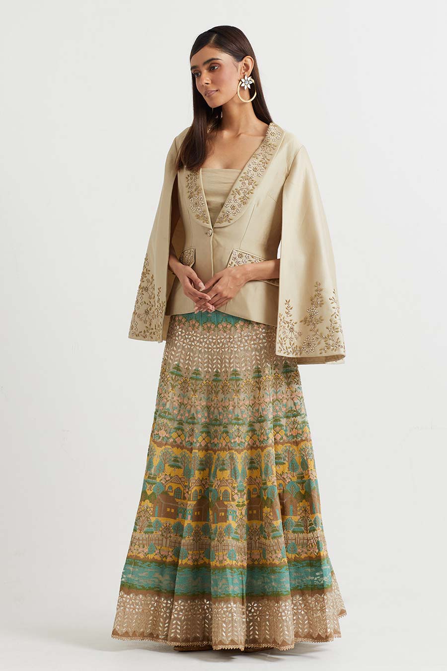 Beige Embroidered Jacket & Cross Stitch Skirt Set