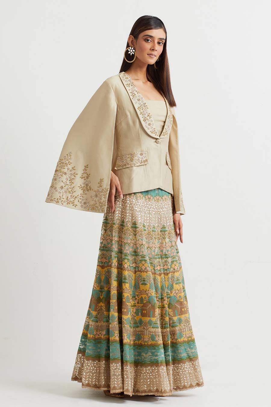 Beige Embroidered Jacket & Cross Stitch Skirt Set
