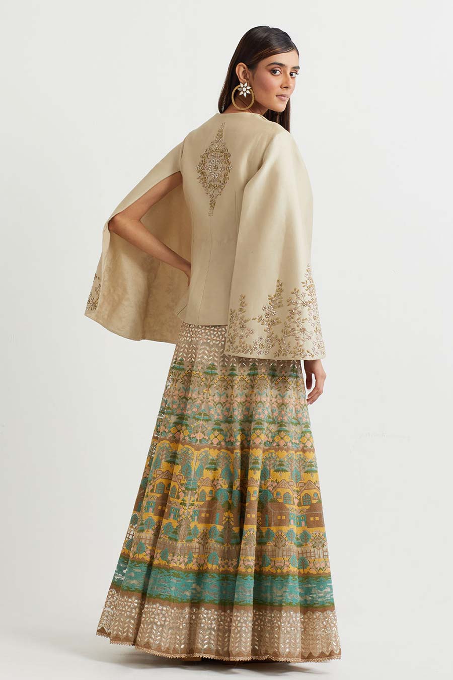 Beige Embroidered Jacket & Cross Stitch Skirt Set