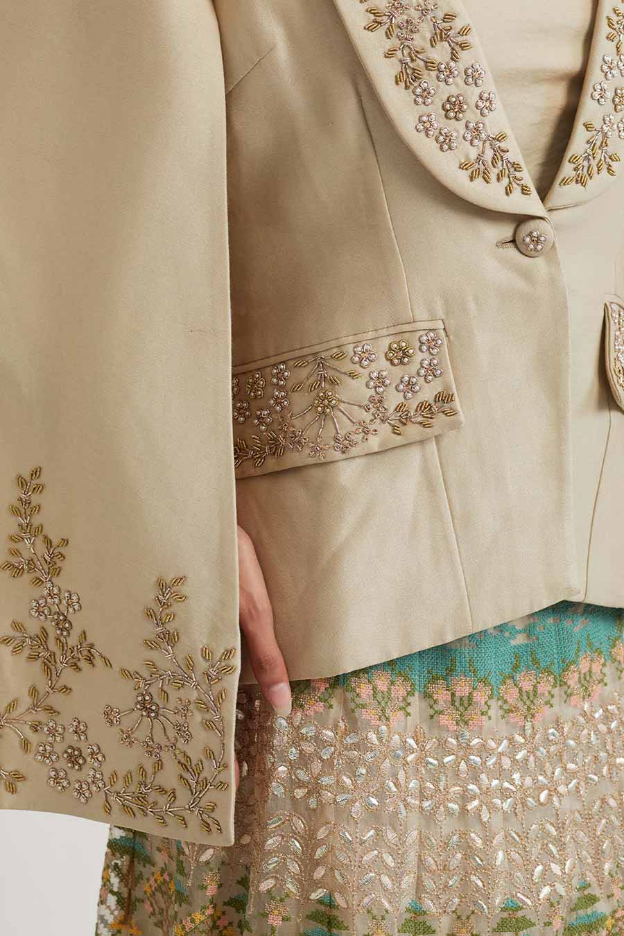 Beige Embroidered Jacket & Cross Stitch Skirt Set