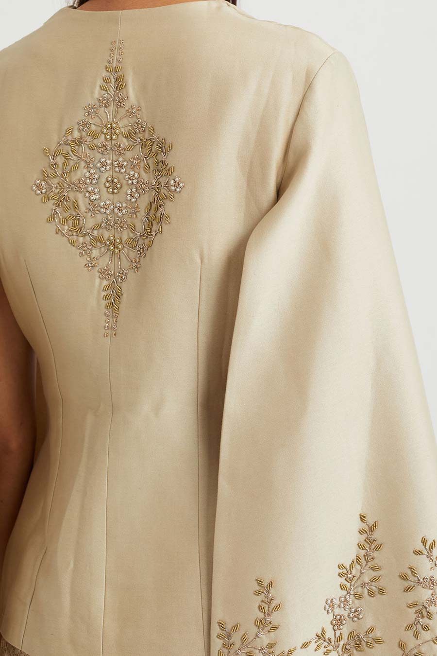 Beige Embroidered Jacket & Cross Stitch Skirt Set