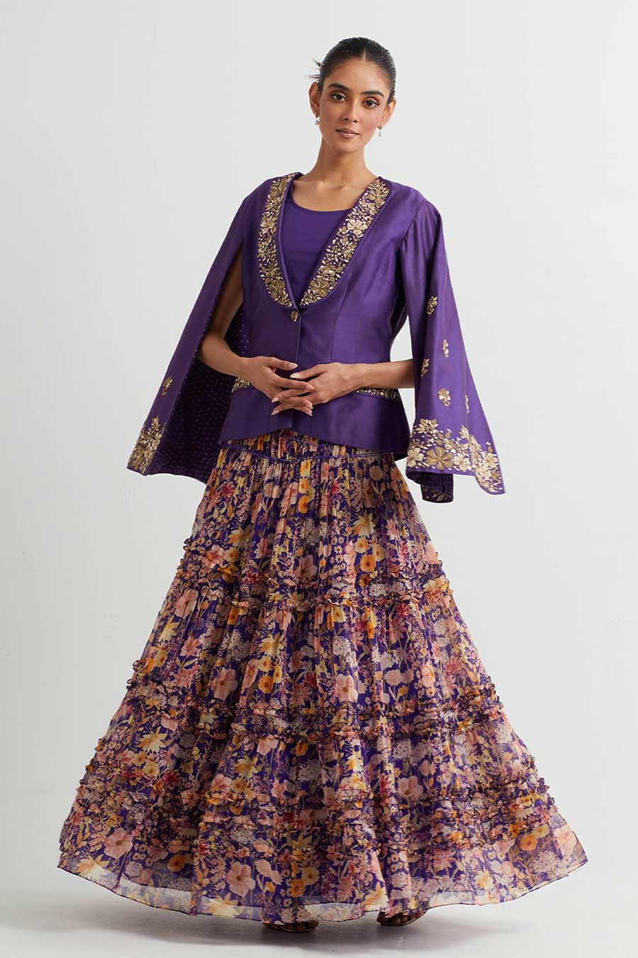 Purple Embroidered Jacket With Printed Skirt