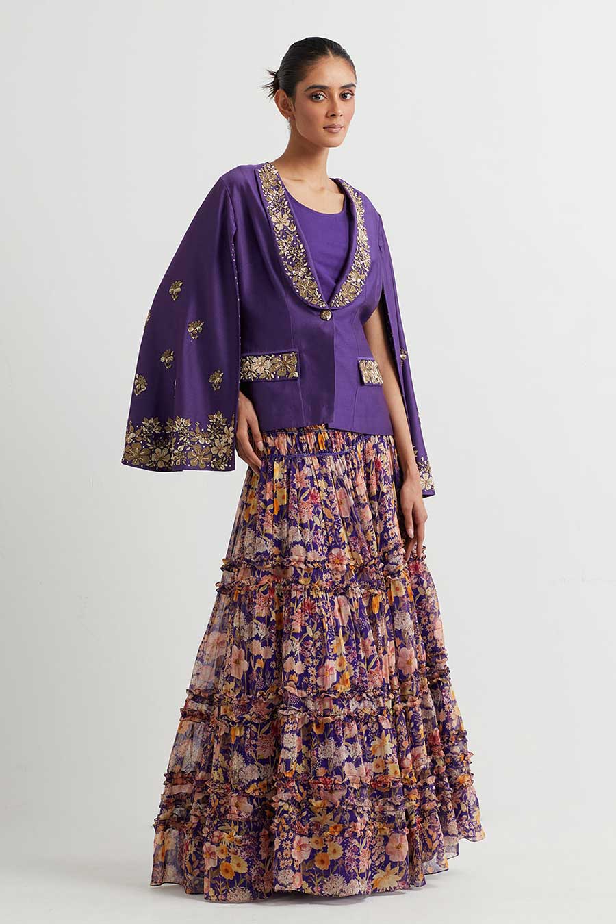 Purple Embroidered Jacket With Printed Skirt