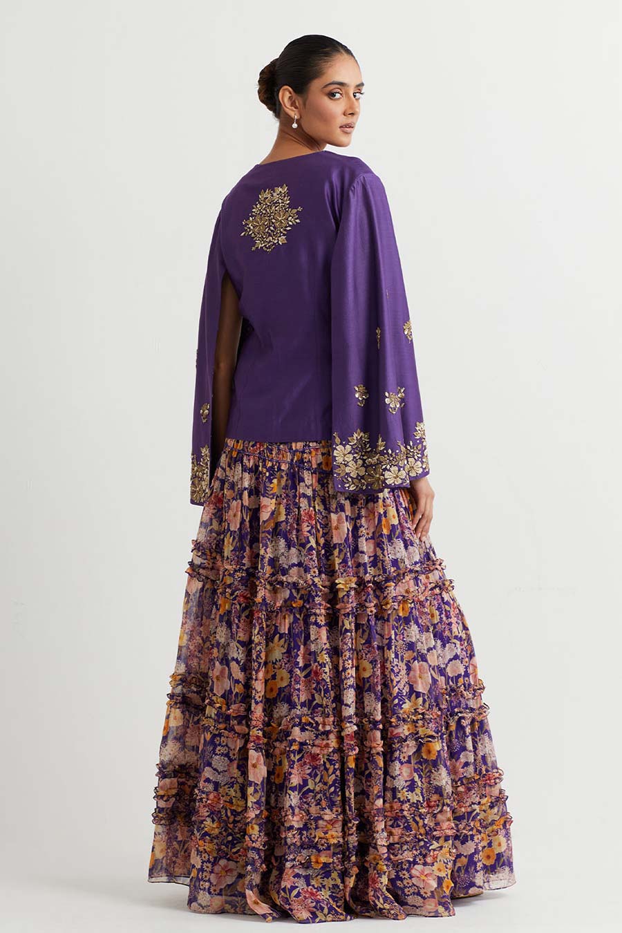 Purple Embroidered Jacket With Printed Skirt
