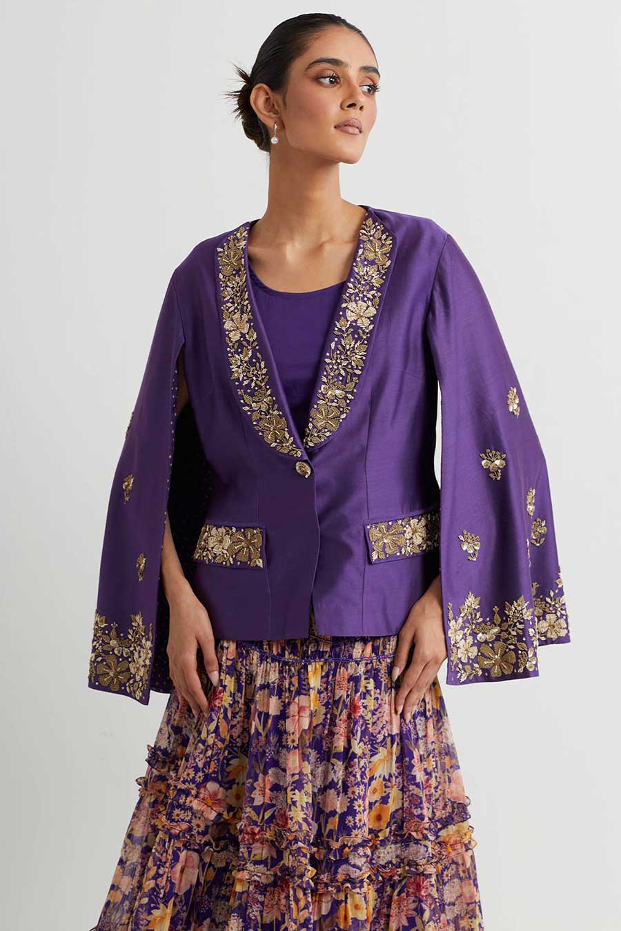 Purple Embroidered Jacket With Printed Skirt