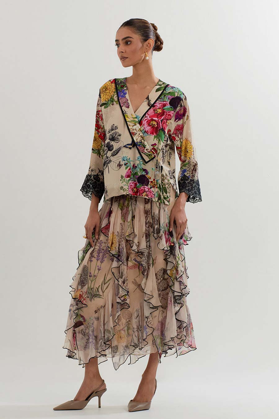 Printed Wrap Top & Ruffle Skirt Co-Ord Set