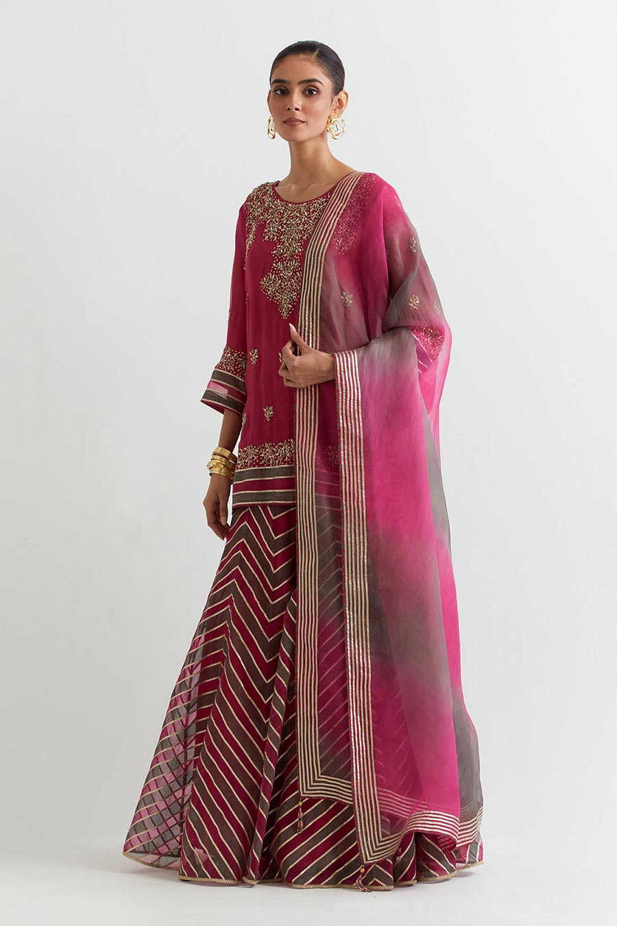 Fuchsia Chevron Embroidered Sharara Set
