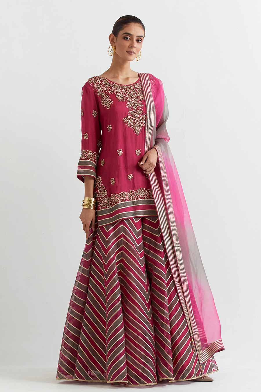 Fuchsia Chevron Embroidered Sharara Set