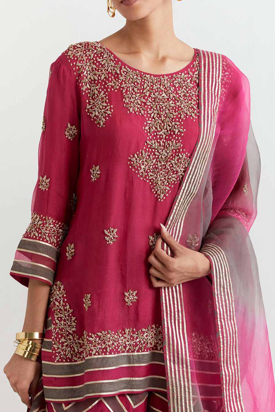 Fuchsia Chevron Embroidered Sharara Set