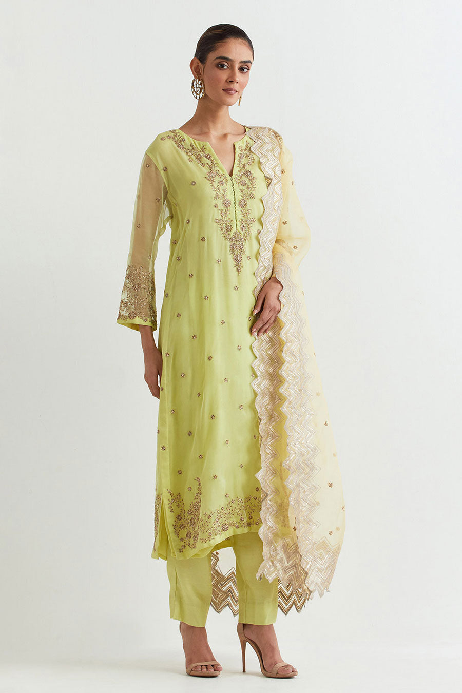 Lime Chevron Embroidered Kurta Set