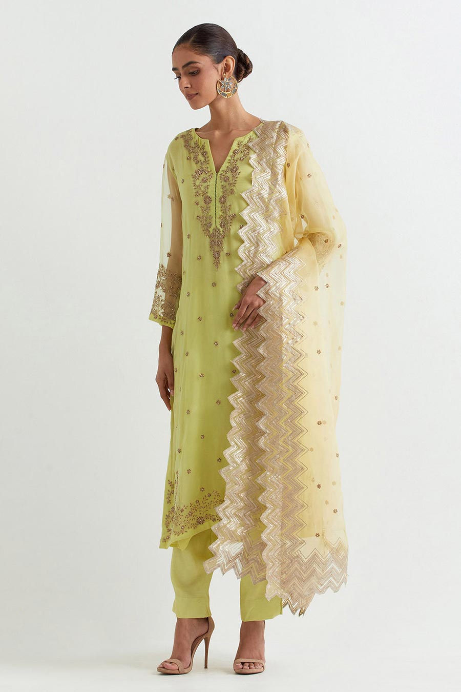 Lime Chevron Embroidered Kurta Set