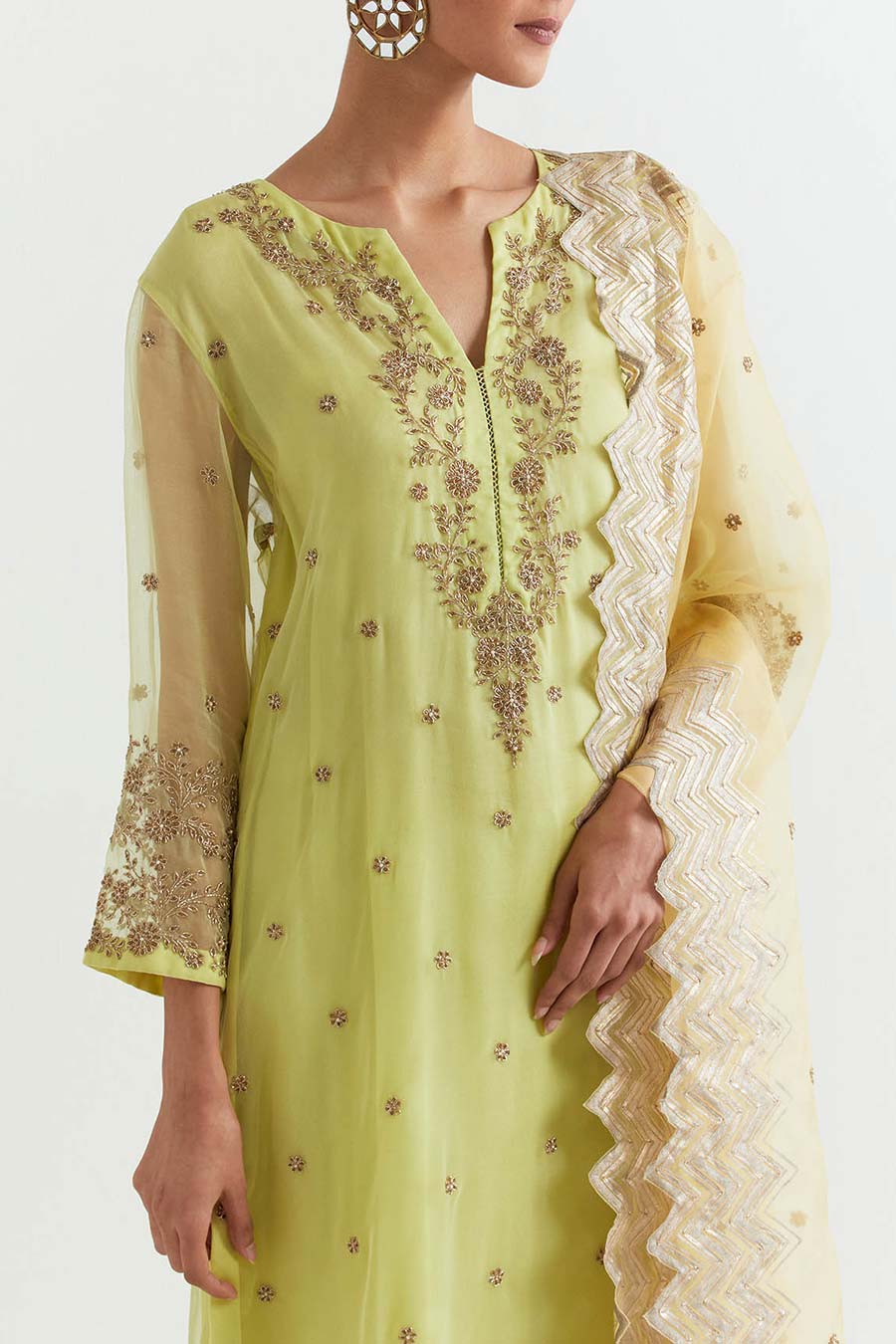Lime Chevron Embroidered Kurta Set