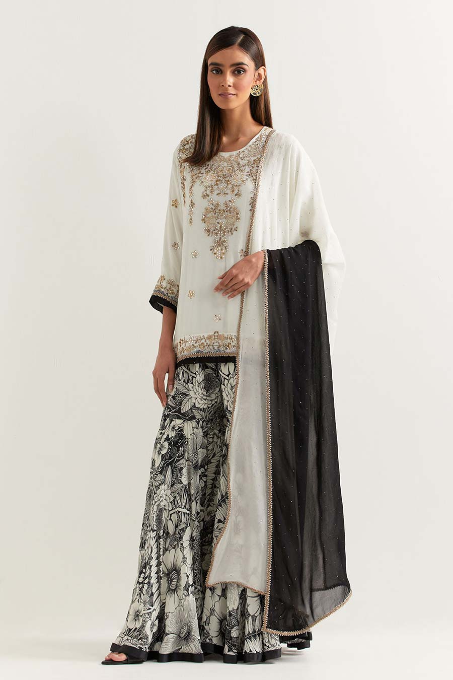 Black & White Printed & Embroidered Sharara Set