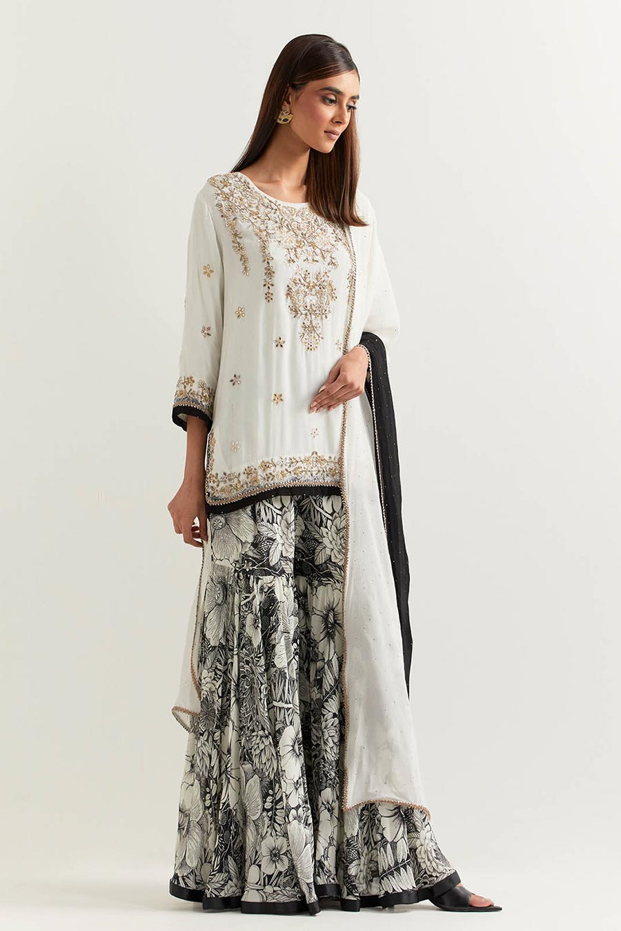 Black & White Printed & Embroidered Sharara Set