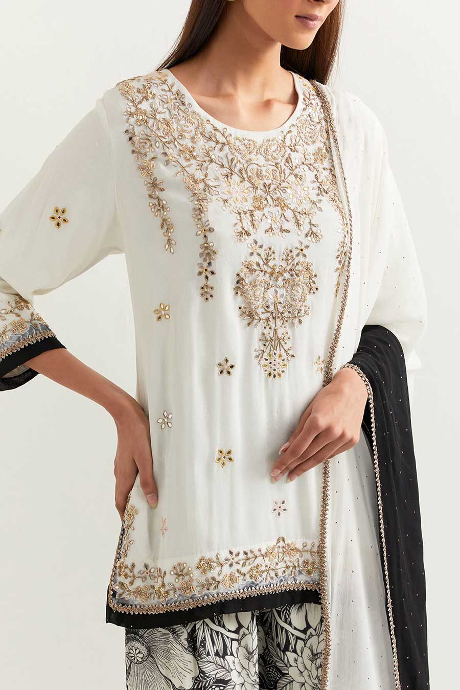 Black & White Printed & Embroidered Sharara Set